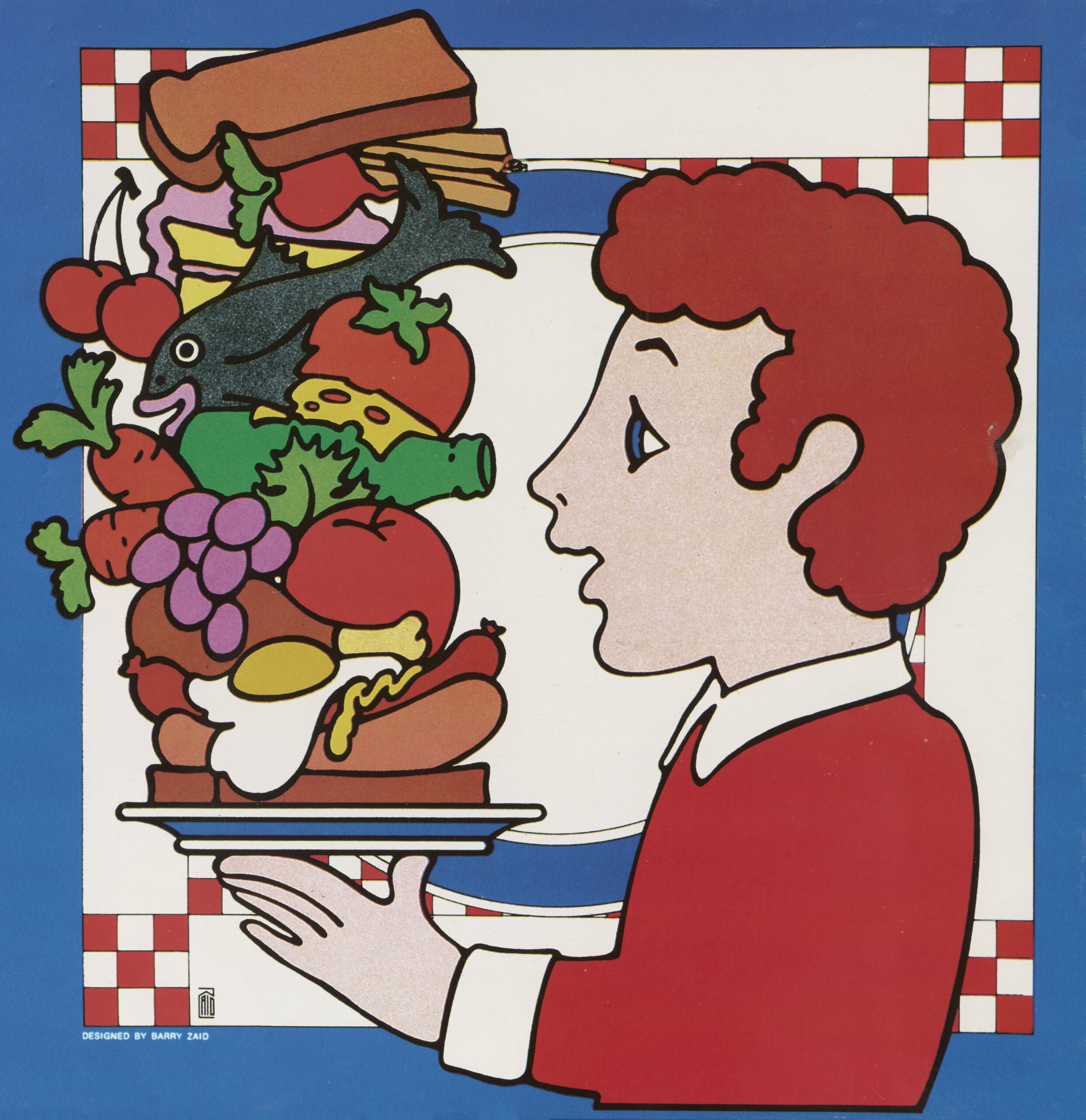 illustration of a man holding a very tall sandwich on a plate
