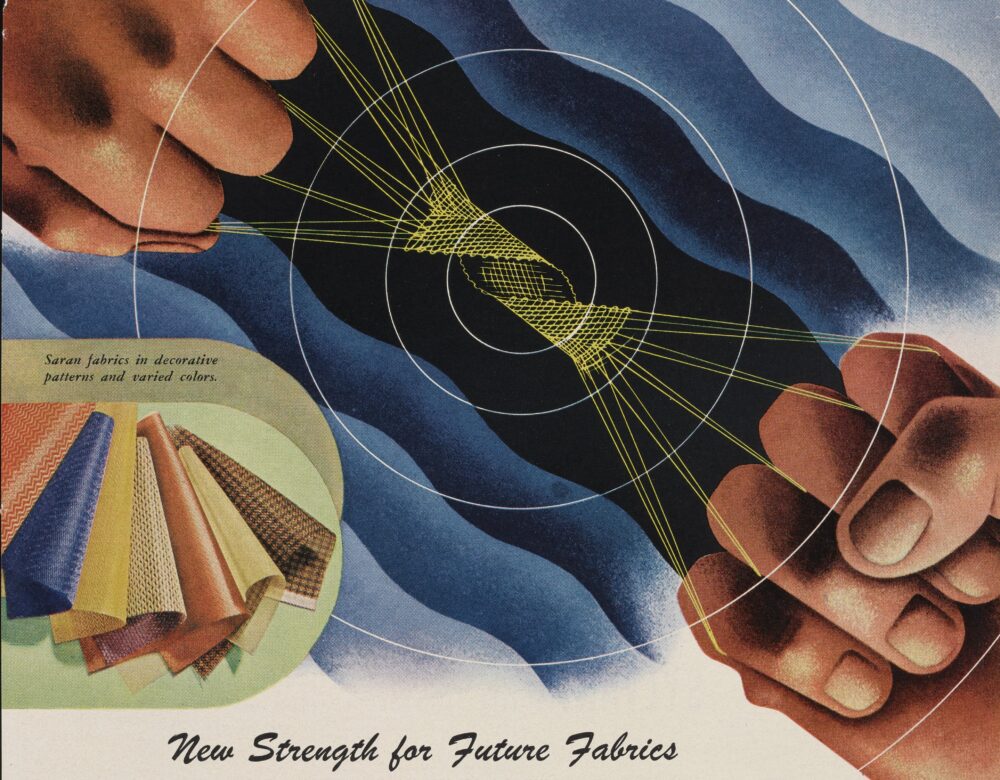magazine ad featuring samples and hands weaving synthetic fabric